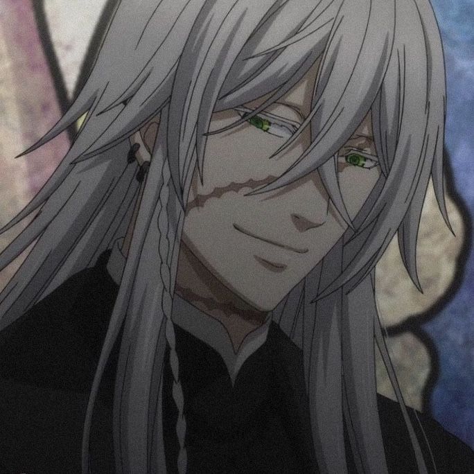 an anime character with long white hair and green eyes looking at the camera while standing in front of a stained glass window