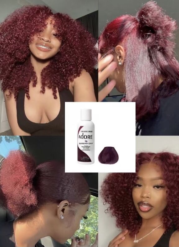 Afro Hair Dye, Adore Hair Dye, Burgundy Hair Dye, Cute Hair Colors, Hair Color Burgundy, Quick Natural Hair Styles, Ginger Hair Color, Dyed Hair Inspiration, Colored Curly Hair