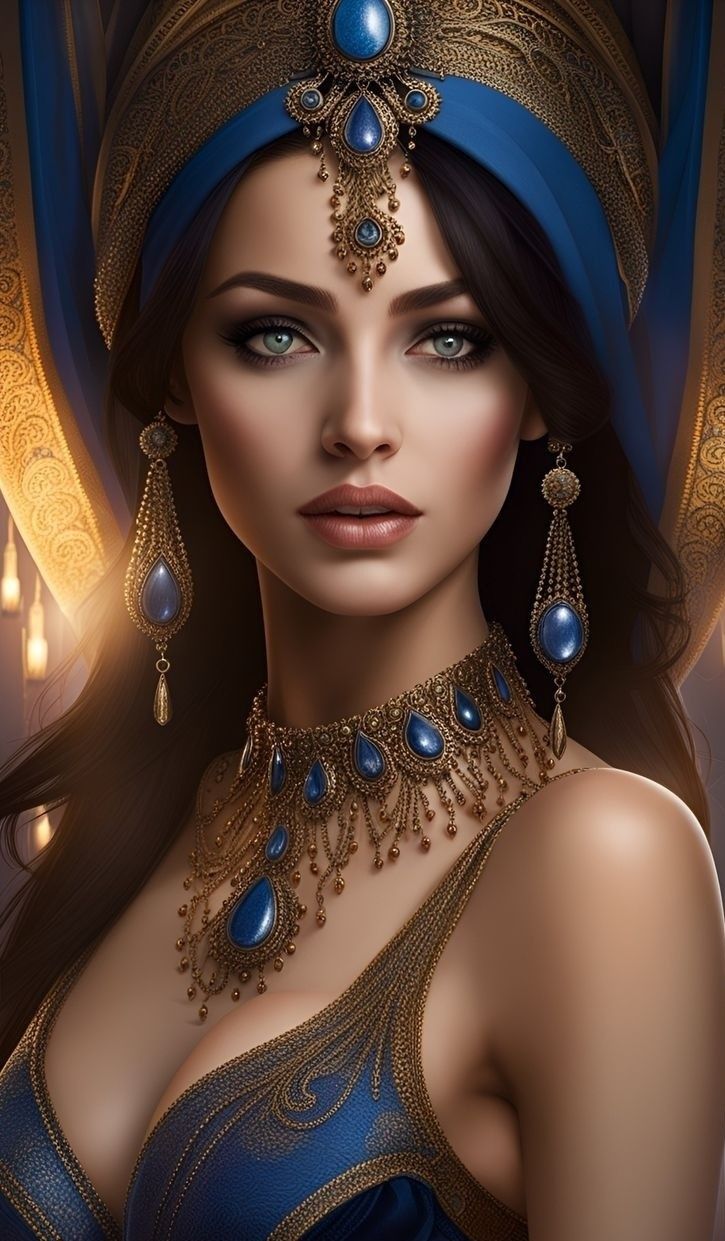 a beautiful woman wearing an egyptian headdress with blue eyes and gold jewelry on her face