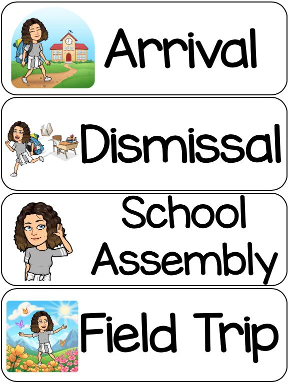 three signs with different words and pictures on them that say, arrival, dismissal school assembly field trip