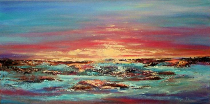 an oil painting of the ocean at sunset