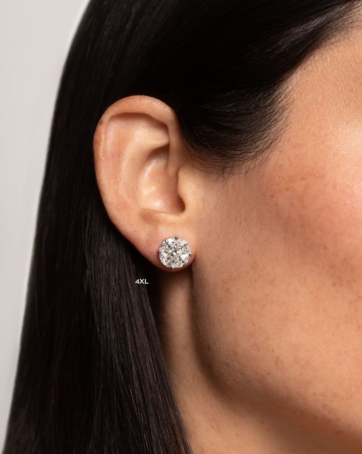 side view of model wearing round illusion diamond studs size 4X Classic Marquise Cut Brilliant Diamond Earrings, Diamond White Marquise Brilliant Cut Diamond Earrings, Brilliant Cut Marquise Diamond Earrings In Diamond White, Marquise Brilliant Cut Diamond White Diamond Earrings, Brilliant-cut Marquise Diamond White Earrings, Brilliant Cut Marquise Diamond White Earrings, Classic Marquise-cut Diamond Earrings, Large Diamond Stud Earrings, Round Diamond Earrings