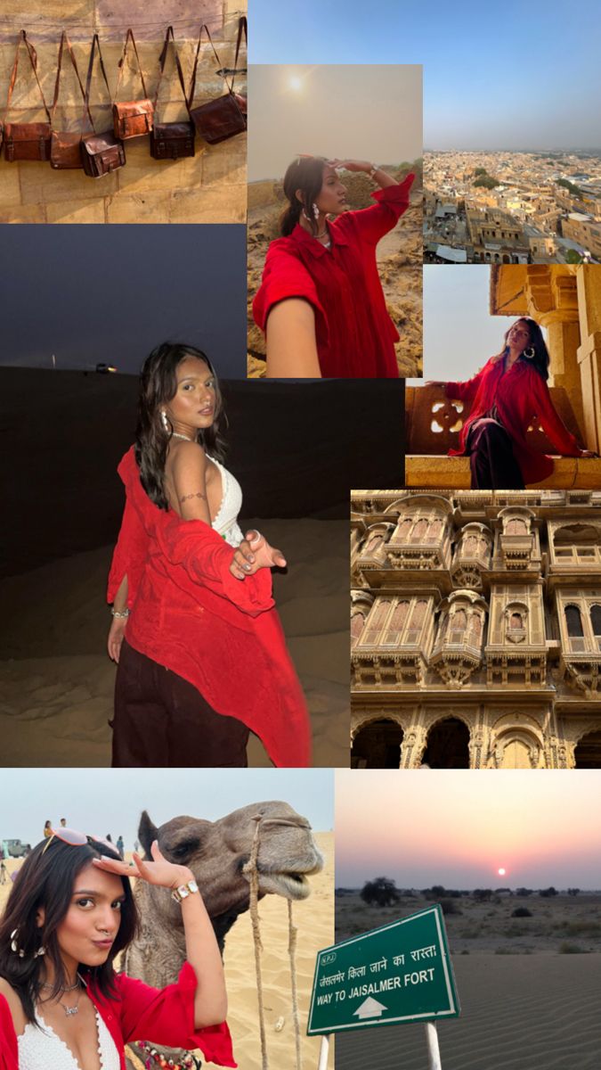 Picture collage of a girl visiting famous places and desert in jaisalmer Rajasthan in a pretty red shirt and Jaisalmer Photography Travel, Jaisalmer Photography, Desert Photoshoot Ideas, Jaipur Travel, Desert Photoshoot, Travel Pose, Mini Vlog, Desert Photography, Desert Safari