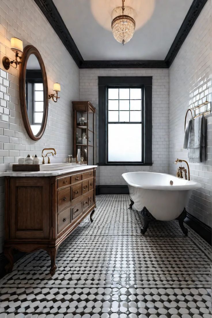 a bathroom with a claw foot tub and black and white floor tiles on the walls