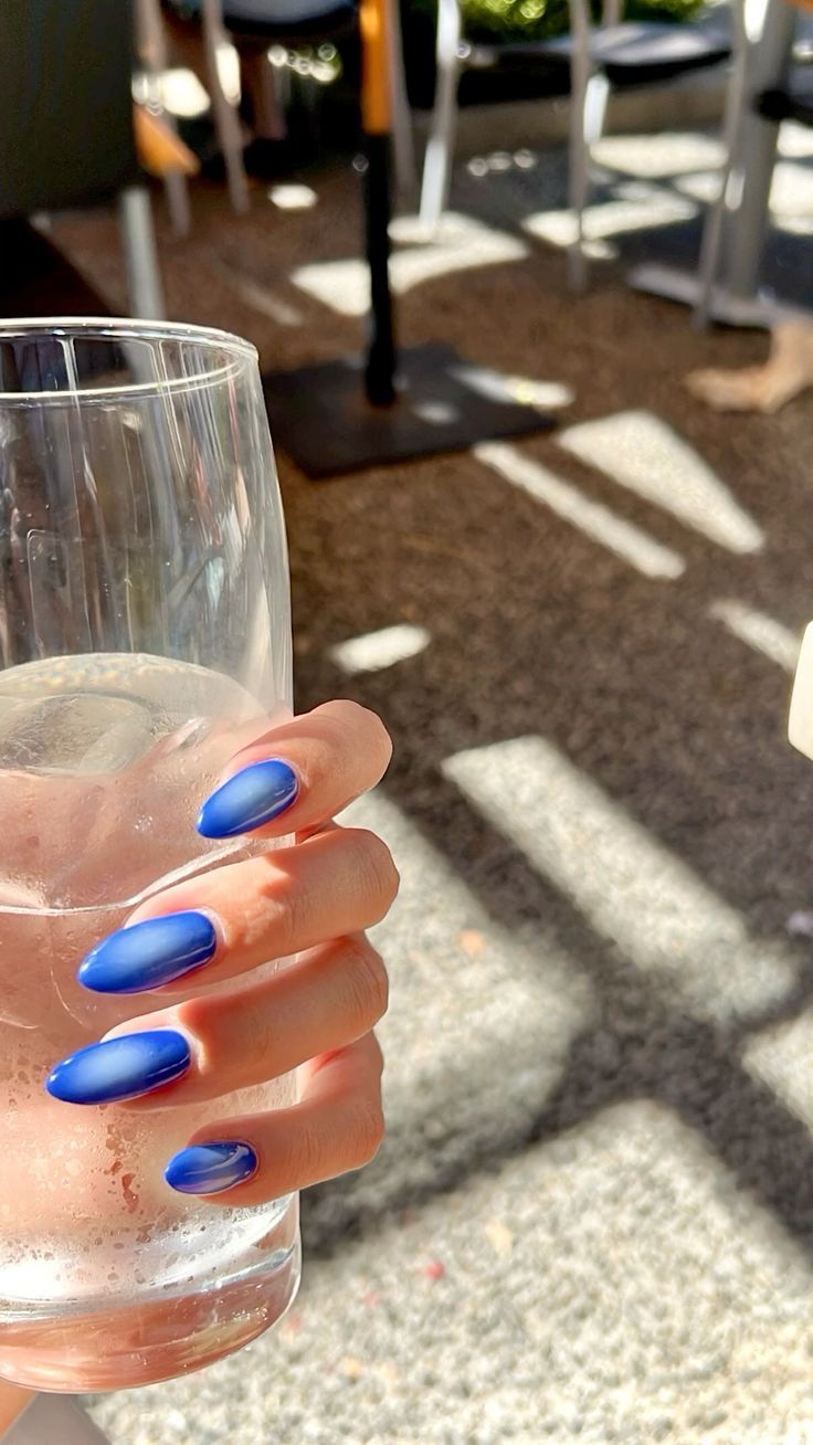 Spring Summer Nails 2024 Blue, Blue Aroura Nails, Blueberry Aura Nails, Blueberry Milk Aura Nails, Blue Nails Spring 2024, Trendy Nails Ideas 2024 April, Blue Aura Nails Almond, April 2024 Nail Trends, Blueberry Blue Nails