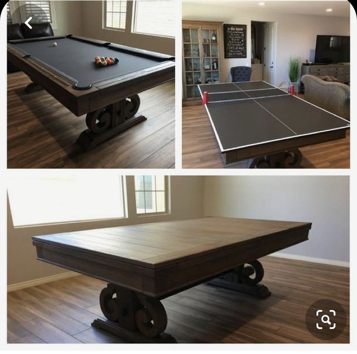 two pictures of a pool table in the middle of a living room with hardwood floors and hard wood flooring