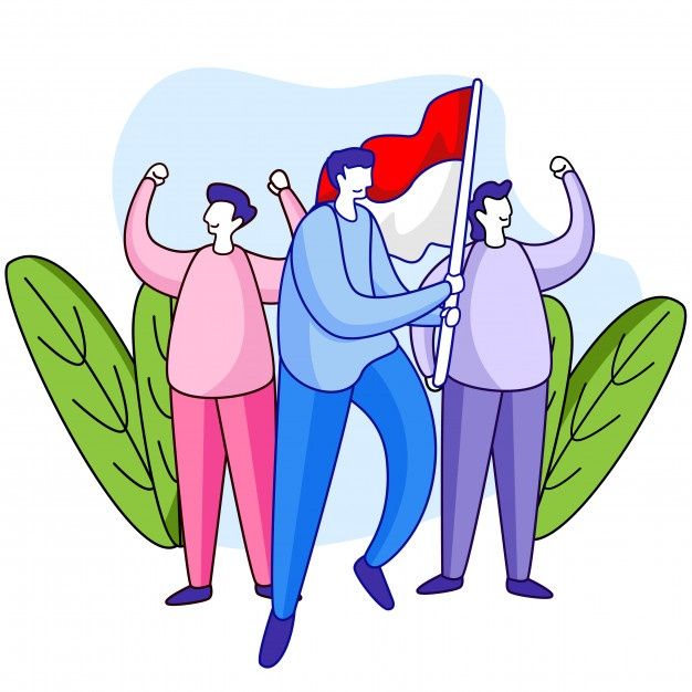 three people holding a red flag in front of some green plants and leaves on a white background