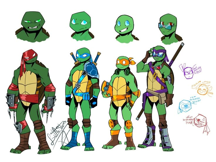 the teenaged turtles are standing in different poses