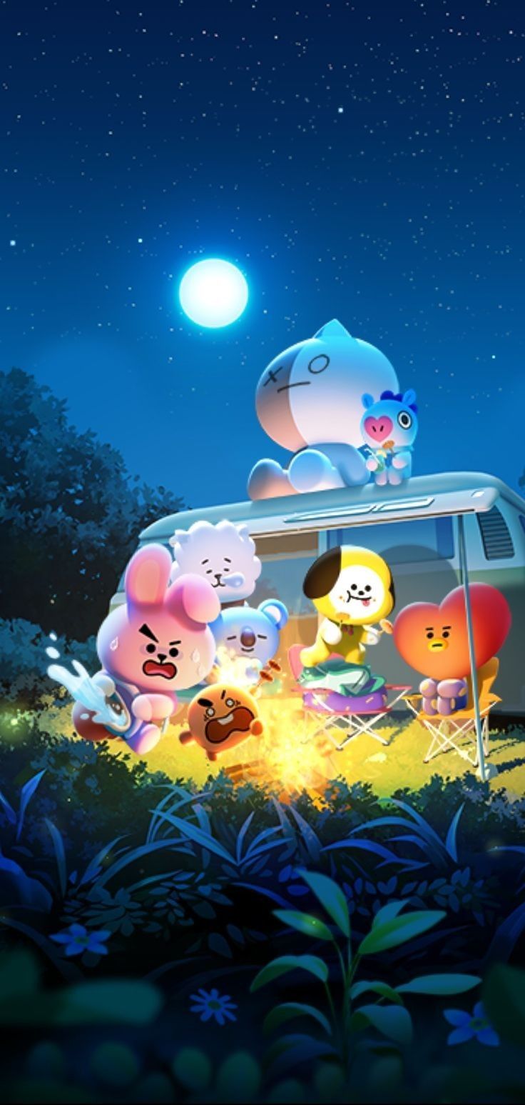 some cartoon characters sitting around a camper at night