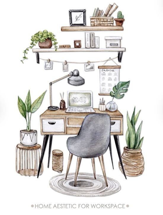 a watercolor drawing of a home office with plants and books on the shelf above it