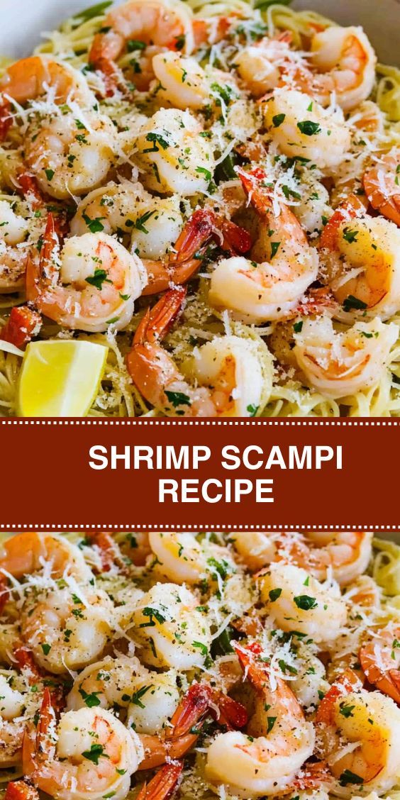 shrimp scampi recipe in a pan with lemon wedges