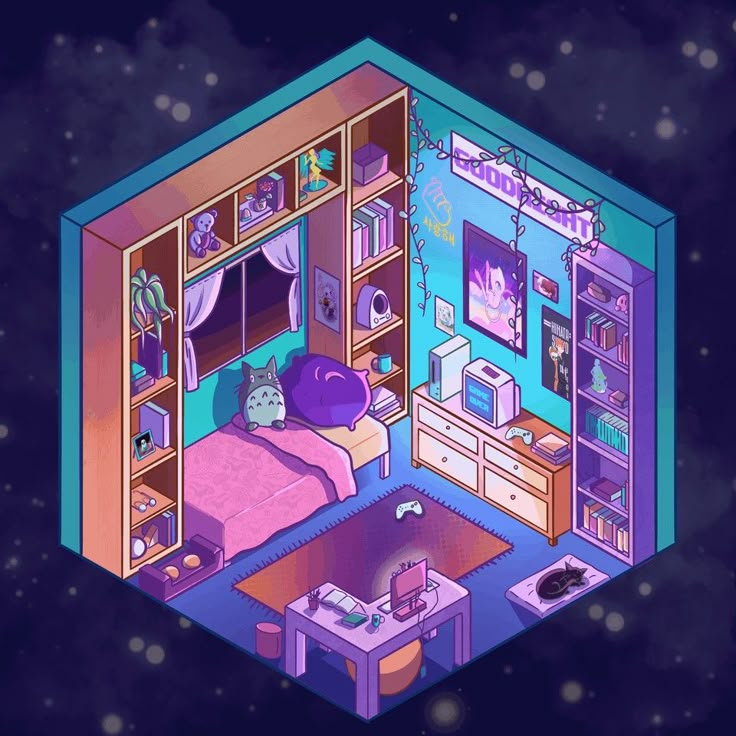 an illustration of a bedroom in the shape of a hexagonal house with purple walls and furniture