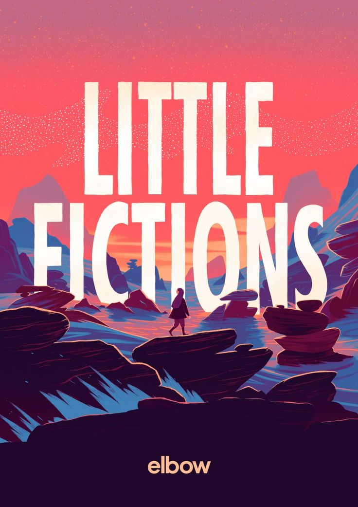 the title for little fictions is shown in front of an image of mountains and water