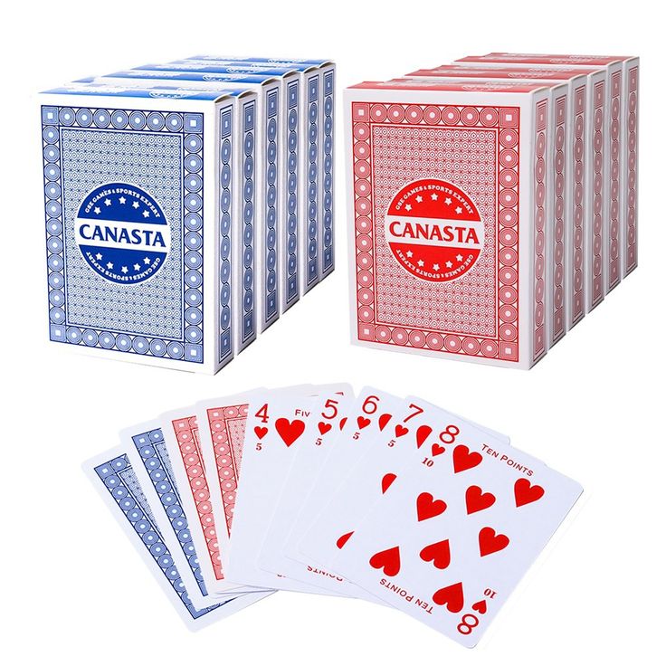 four decked cards with hearts and the words canasta on each card are shown