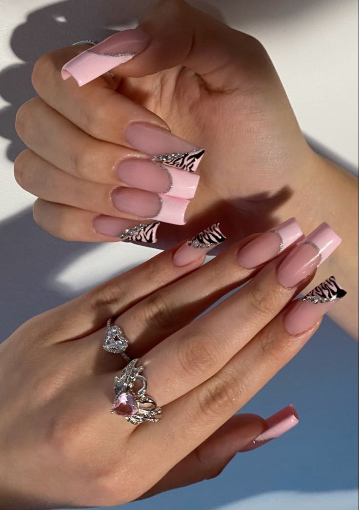 y2k nails,nails,nail inspo,pink nails,zebra nails, nail design, nail art, pink nail art, easy nail art, french nails,pink french ,pink french nails, Zebra Design Nails, Y2k Acrylics, Zebra Nails Acrylic, Pink Y2k Nails, Nails Zebra Print, Pink Zebra Nails, Zebra Nails, Wow Nails, Grunge Nails