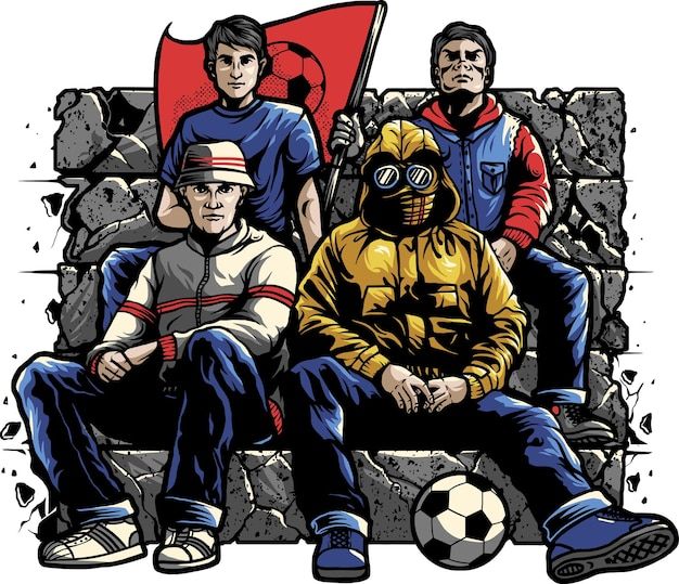 three men sitting on a bench with a soccer ball in front of them and one man wearing a gas mask