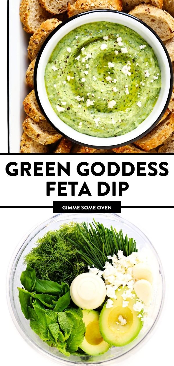 green goddess feta dip in a bowl with bread and vegetables