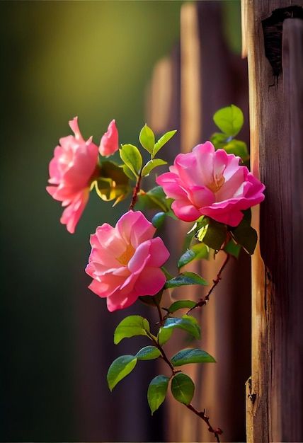 pink flowers are growing on the side of a wooden fence post, with green leaves