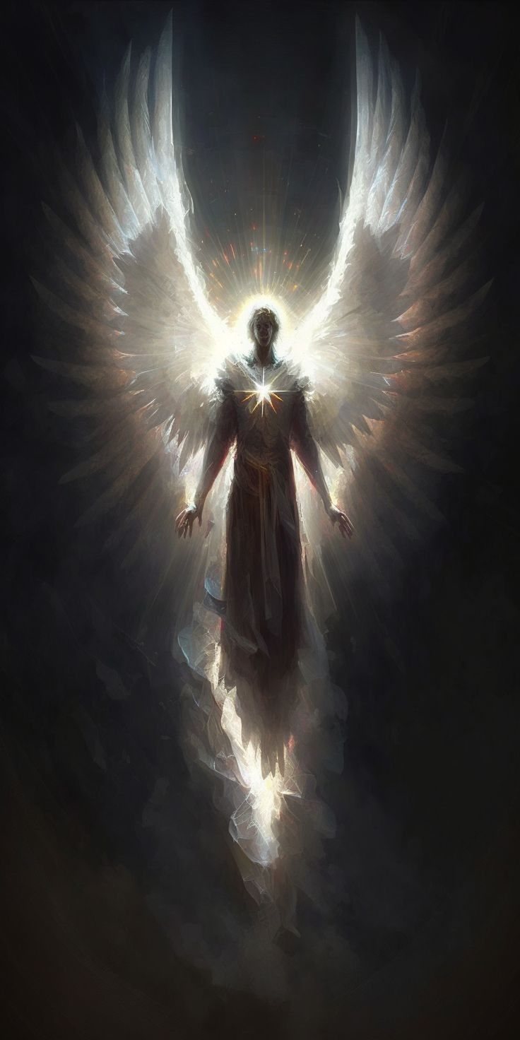 an angel standing in the dark with its wings spread out and glowing from behind it