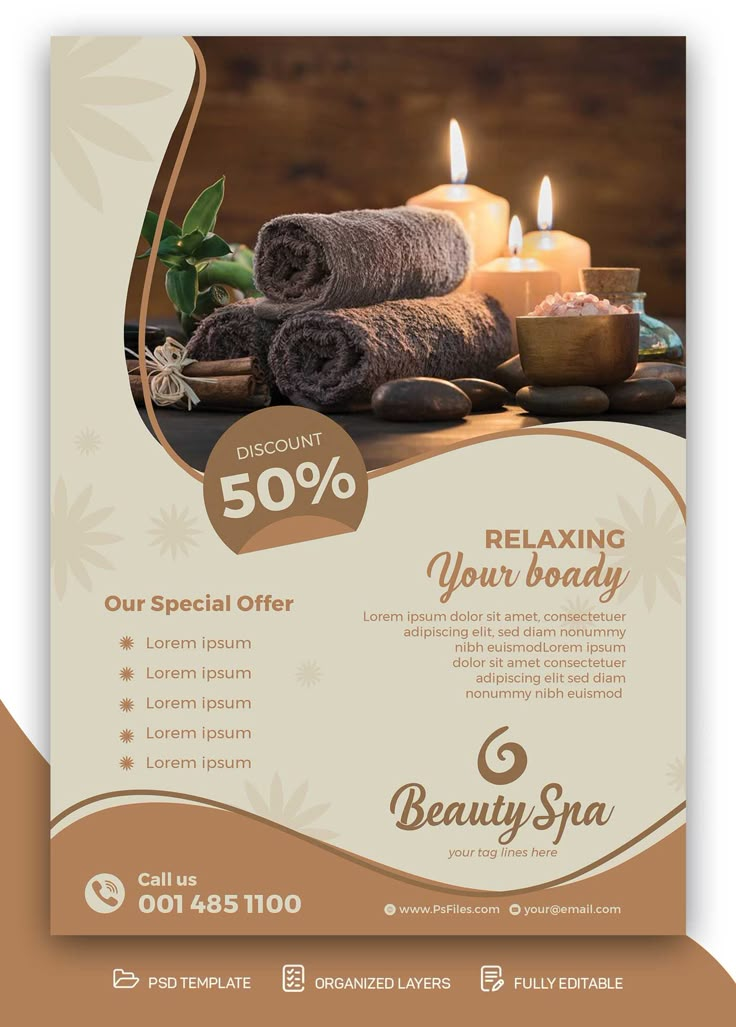 a flyer for a spa with candles and towels