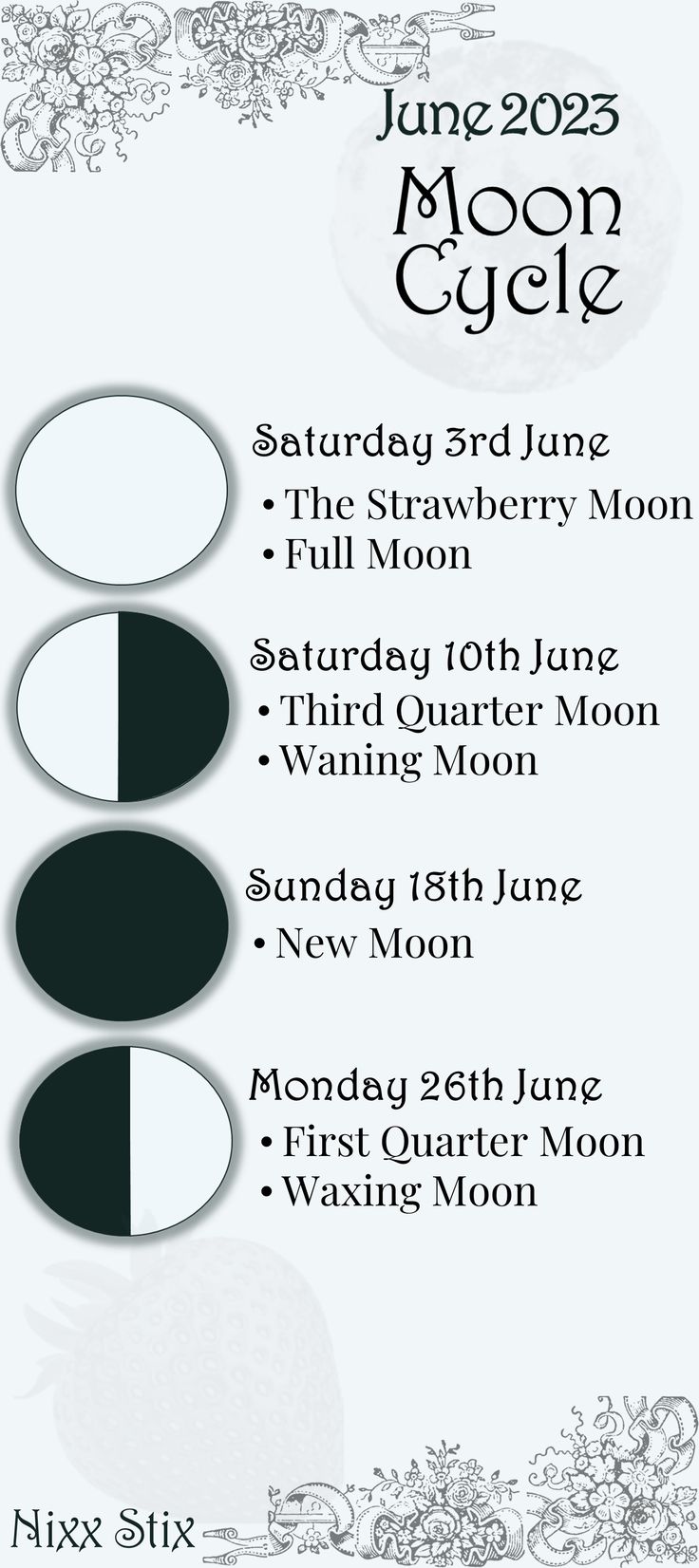 an event poster for the upcoming moon cycle, with three phases in black and white