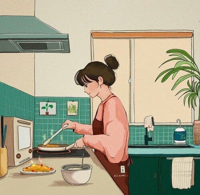 a woman cooking food in a kitchen with green tile walls