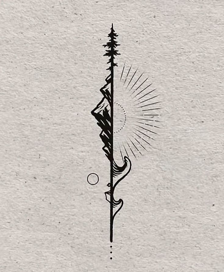 a black and white drawing of a tall tree with sunbursts on it