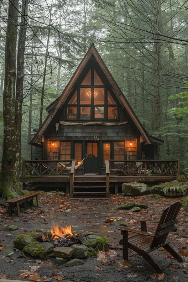 a small cabin in the woods with a fire pit and two adiron chairs next to it