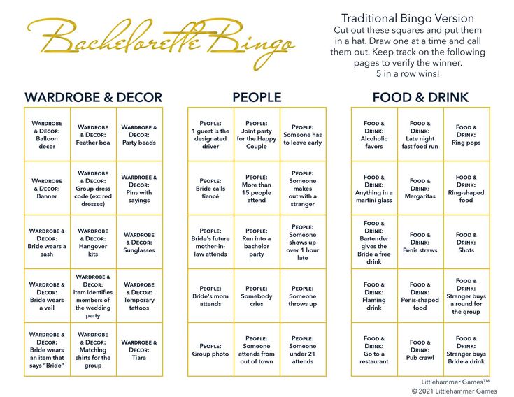 Bachelorette Bingo game card with gold text on a white background Bachelorette Sleepover, Bachelorette Bingo, Wedding Bingo, Reception Games, Wedding Activity, Wedding Reception Games, Gold Printable, Bachelorette Party Games, Wedding Activities