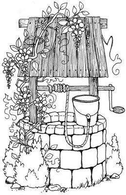 a black and white drawing of a well in the ground with flowers growing out of it