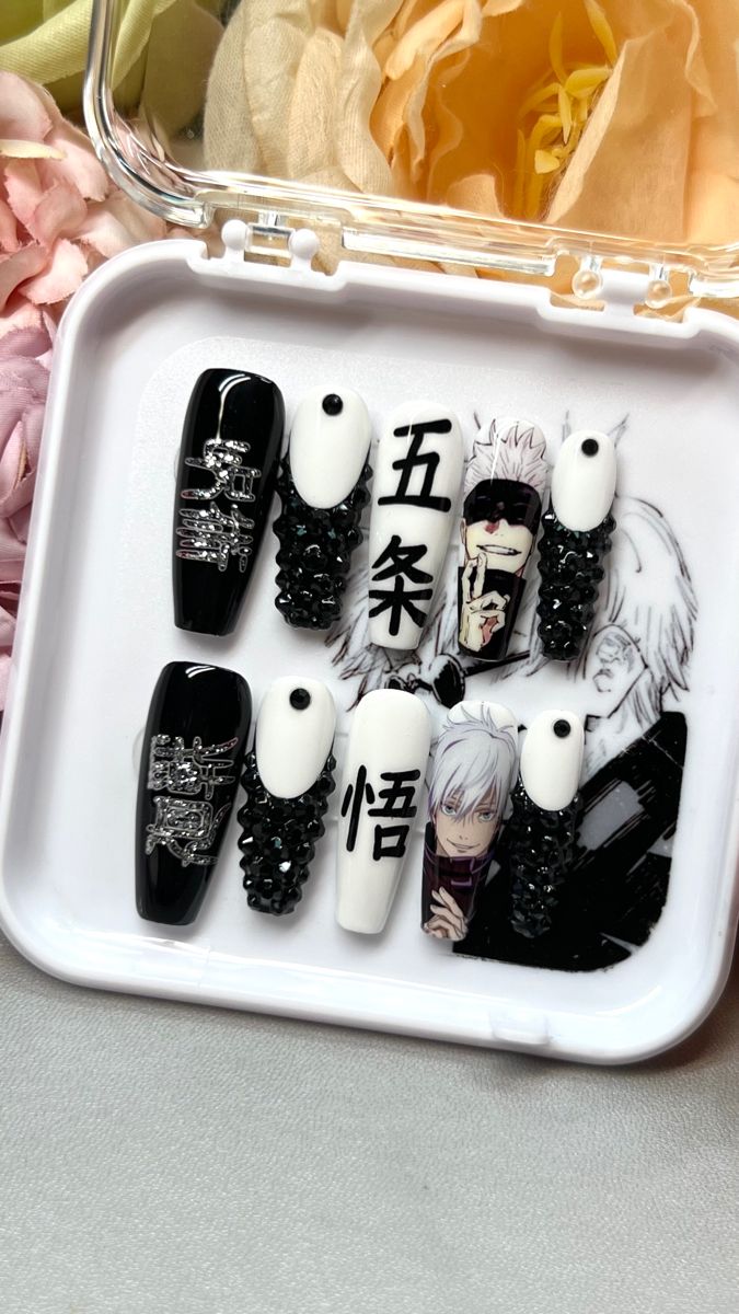 Gojo #gojosatoru #gojosatorufanart Anime Press On Nails, Gojo Nails Inspired, Gojo Nails, Jujutsu Kaisen Nails, Anime Nail, Disney Acrylic Nails, Why Choose Us, Fancy Pens, Gel Nail Art Designs