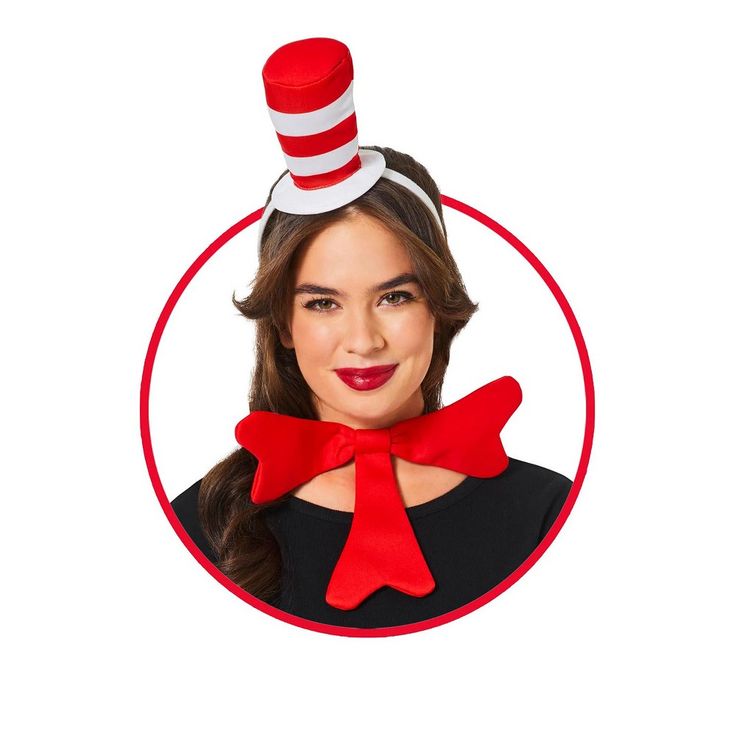 a woman wearing a red and white cat in the hat wig with a bow around her neck