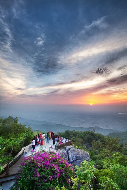 a group of people standing on top of a lush green hillside under a cloudy sky