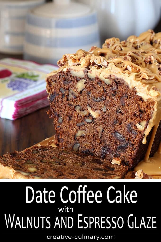 a cake with walnuts and espresso glaze on it is cut into slices