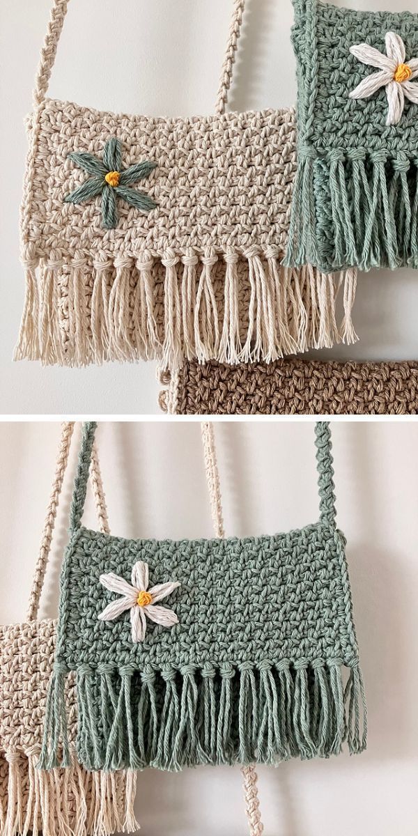 crocheted bags with flowers and fringes hanging on the wall, two pictures side by side