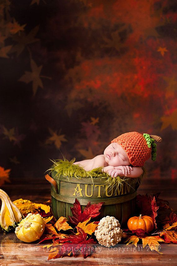 a baby sleeping in a basket surrounded by autumn leaves and pumpkins on a wooden table