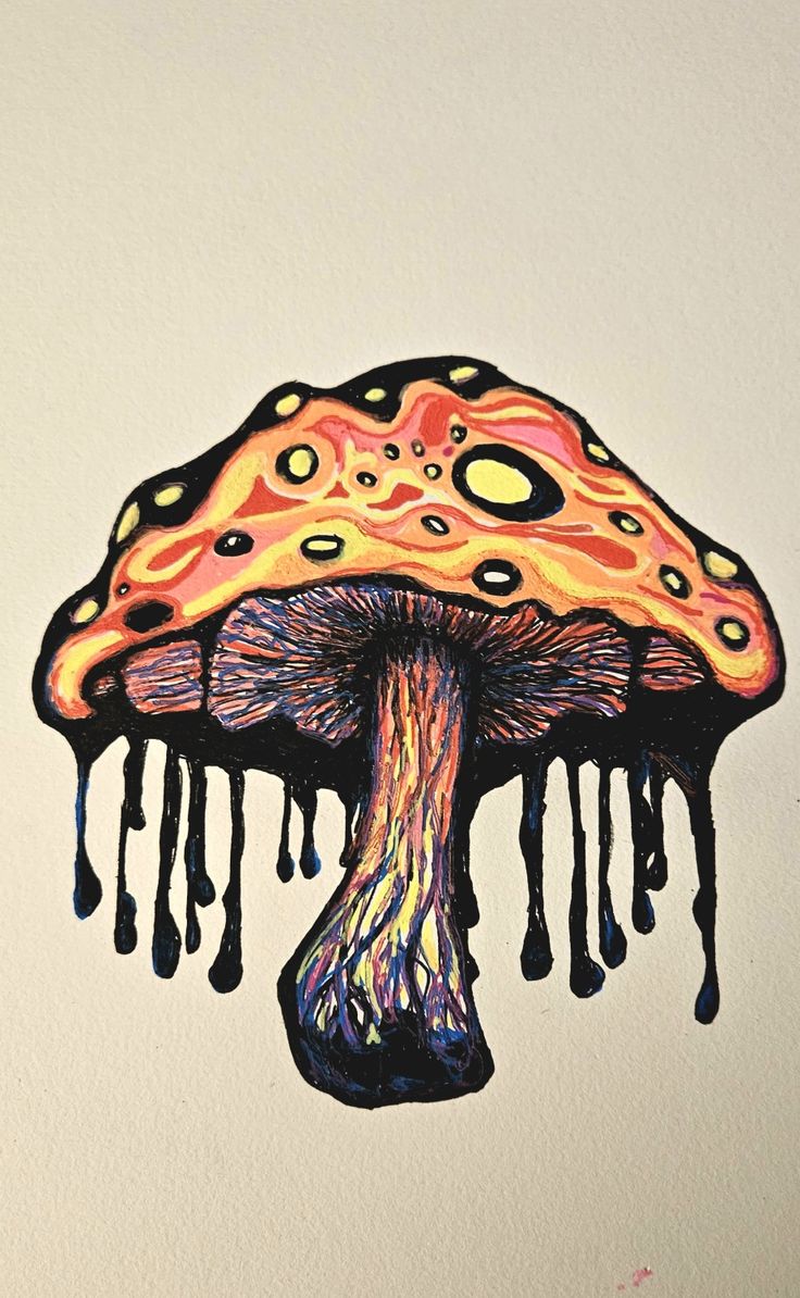 a drawing of a mushroom with orange and black spots on it's head, dripping from the top