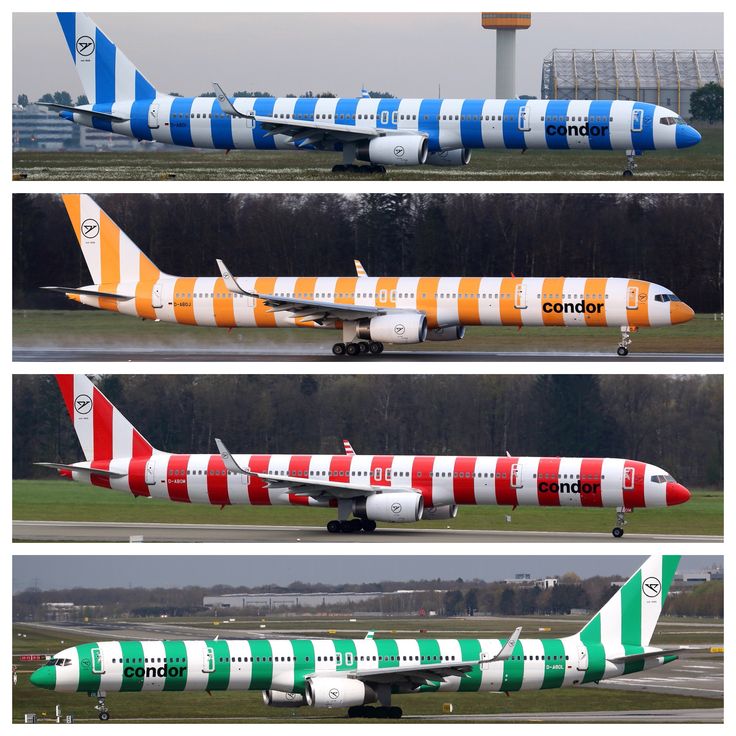 four different airplanes are on the runway at an airport, and one is painted in bright colors