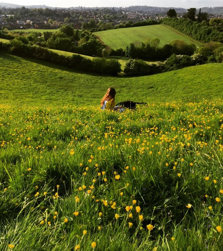 a woman sitting in the middle of a lush green field