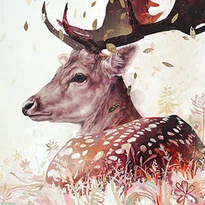 a painting of a deer with antlers on it's head in the grass