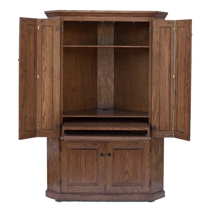 a large wooden cabinet with two doors and drawers on one side, open to the other