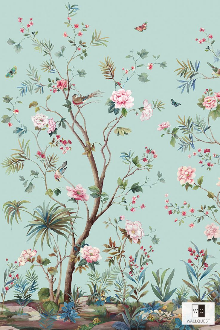 a painting of flowers and birds on a blue wallpapered room with white walls