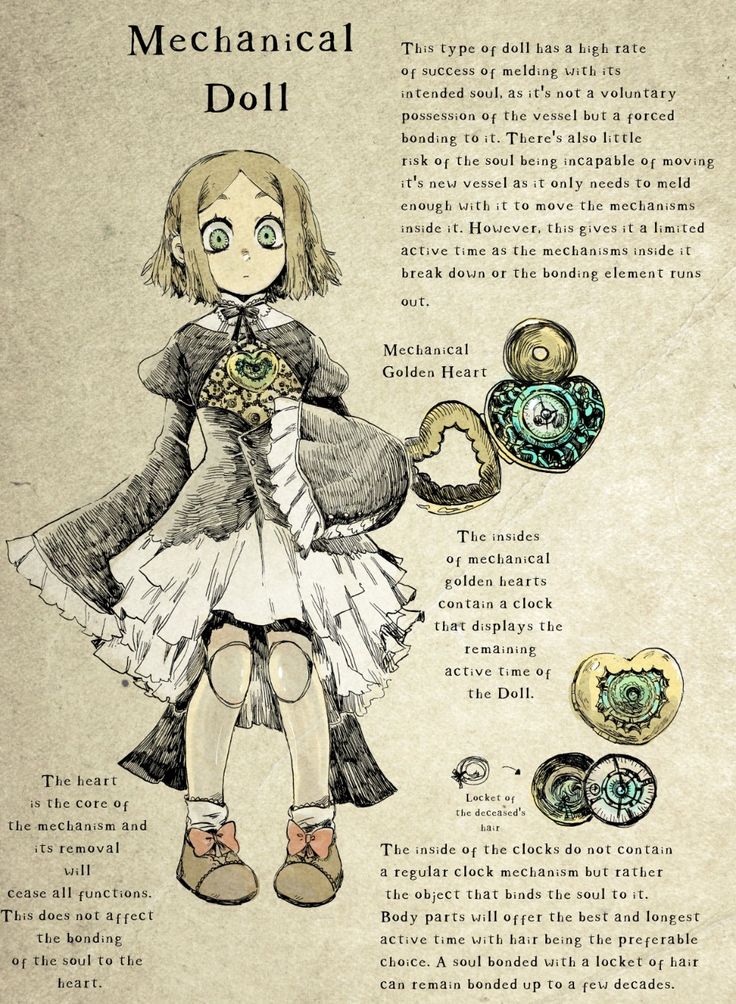 a drawing of a girl with buttons in her hand and the words mechanical doll on it