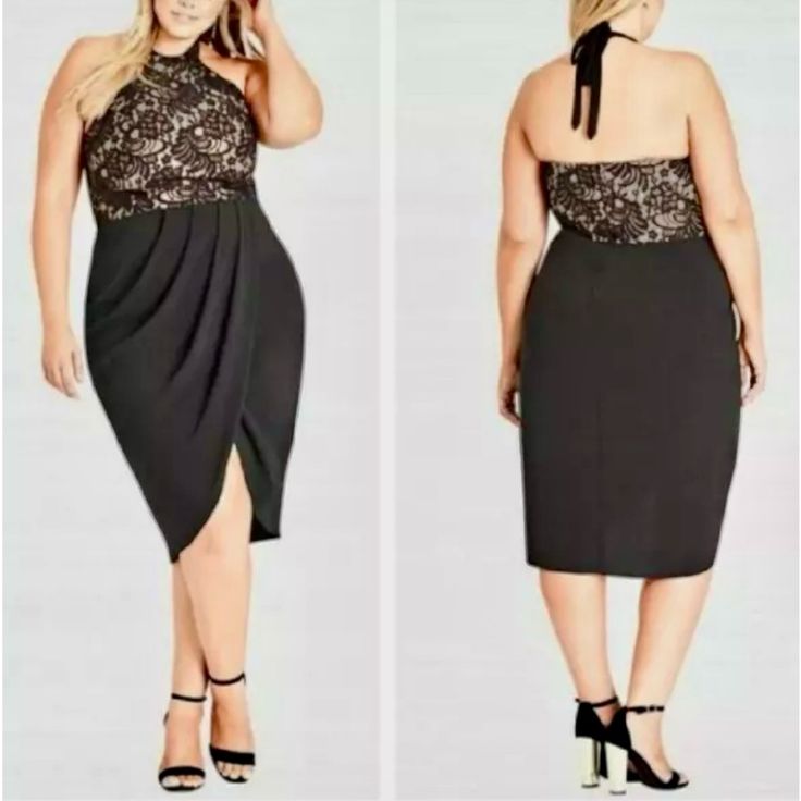 A Lacy Halter Gives Way To A Flattering Faux Wrap In This Glam Plus Size Dress From City Chic. A High-Low Hem Adds Finishing Flair. Halter Straps Tie At Back Neck; Zip Closure At Back Knee Length High Halter Neckline; Faux-Wrap Silhouhette Lace Overlay At Bodice High-Low Hem Please See Us Sizing Conversions Noted Here That Will Appear On The Merchandise Tag When Received: 18w= M, Shell, Lining: Polyester Dry Clean Imported Glamorous V-neck Halter Dress For Date Night, Glamorous Black Halter Dress Mini Length, Flirty V-neck Halter Dress For Party, Glamorous Halter V-neck Dress For Cocktail, Glamorous V-neck Halter Cocktail Dress, Black Lace Halter Dress, City Chic Dresses, Lace Halter Dress, Dresses Backless