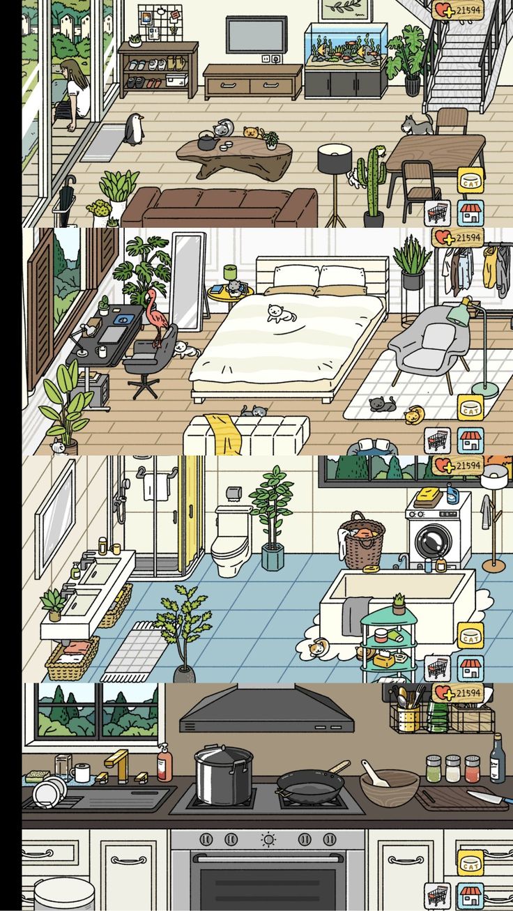 an illustrated view of a kitchen and living room from the top down to the bottom