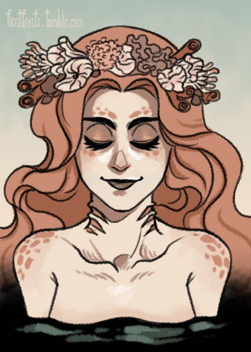 a drawing of a woman with long red hair and flowers in her hair, wearing a flower crown