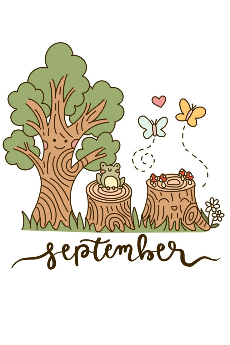 an image of a tree stumps with the word september written on it and butterflies flying above