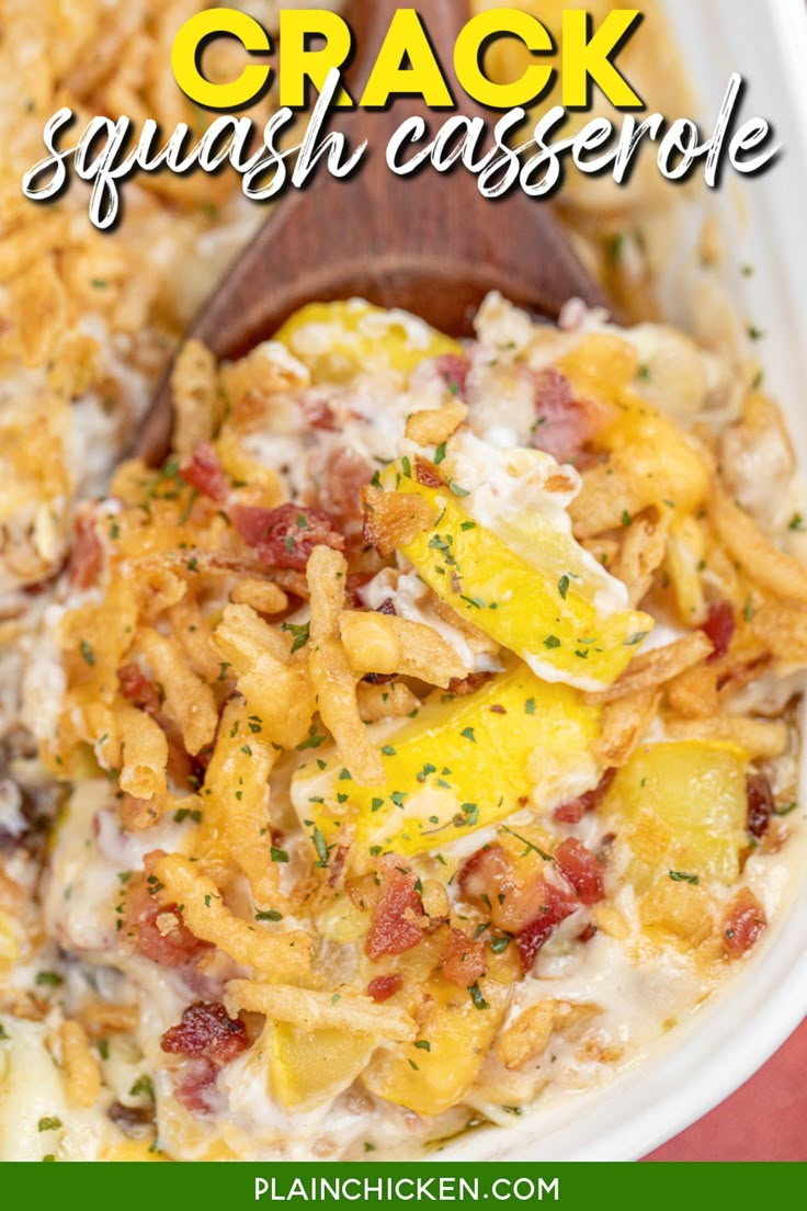 a casserole dish with bacon and cheese in a white bowl on a red table