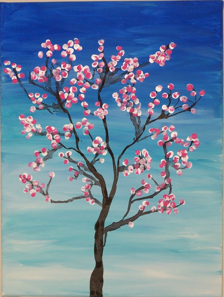 a painting of a tree with pink and white flowers in the branches on a blue sky background