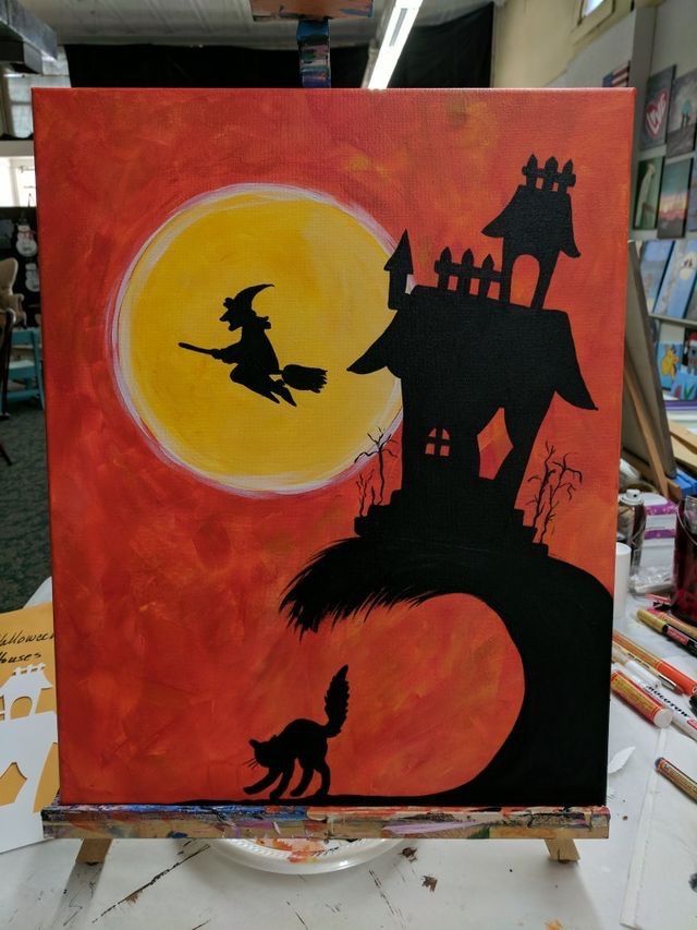 an acrylic painting of a witch flying over a castle with a cat on it